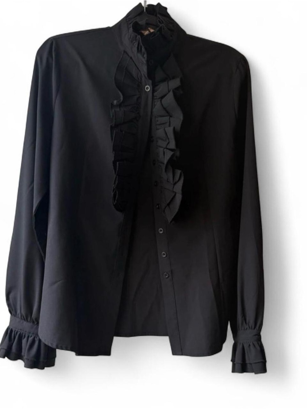 Black Ruffle Collar and Cuffs Button Front Women's Blouse Large Romantic Gothic